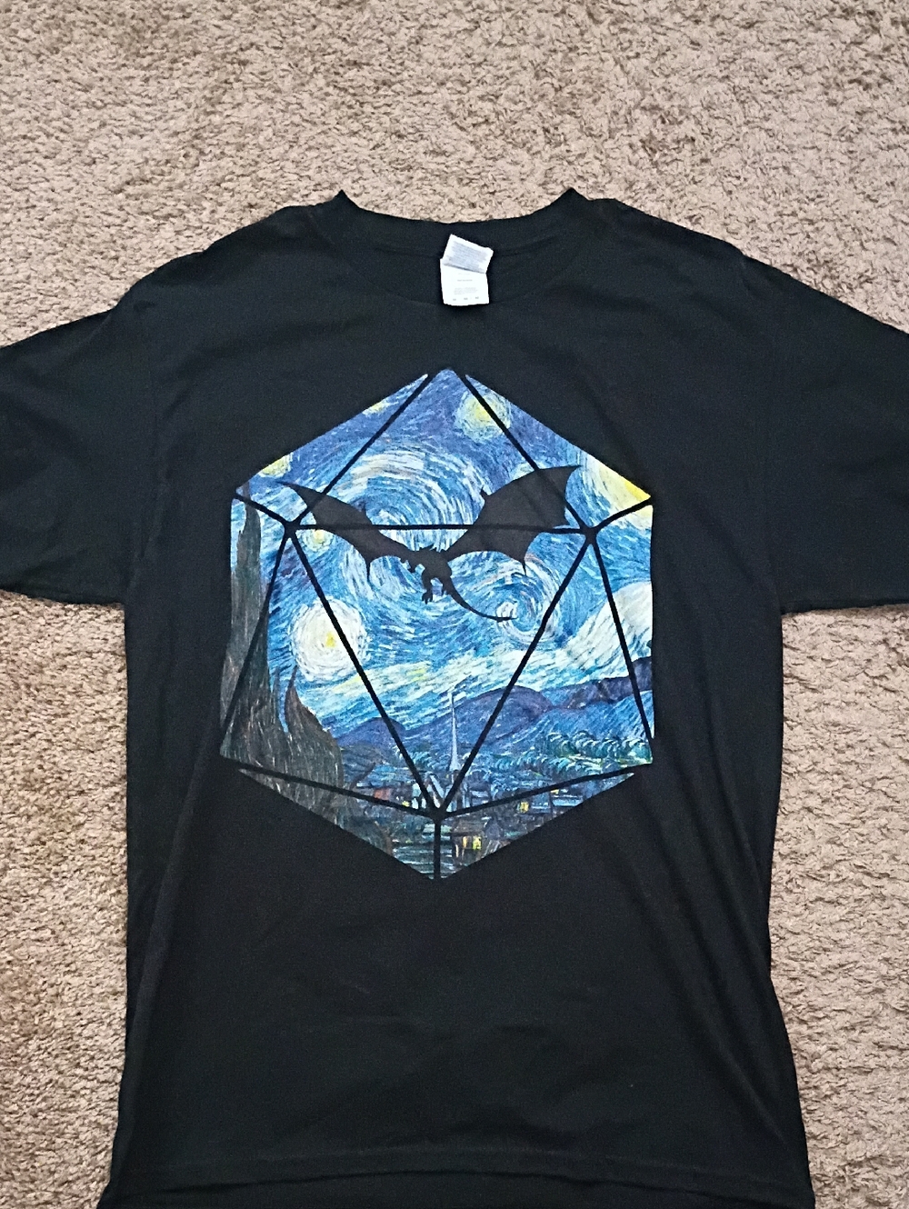 Black Graphic Tee with Starry Night Dragon Design
